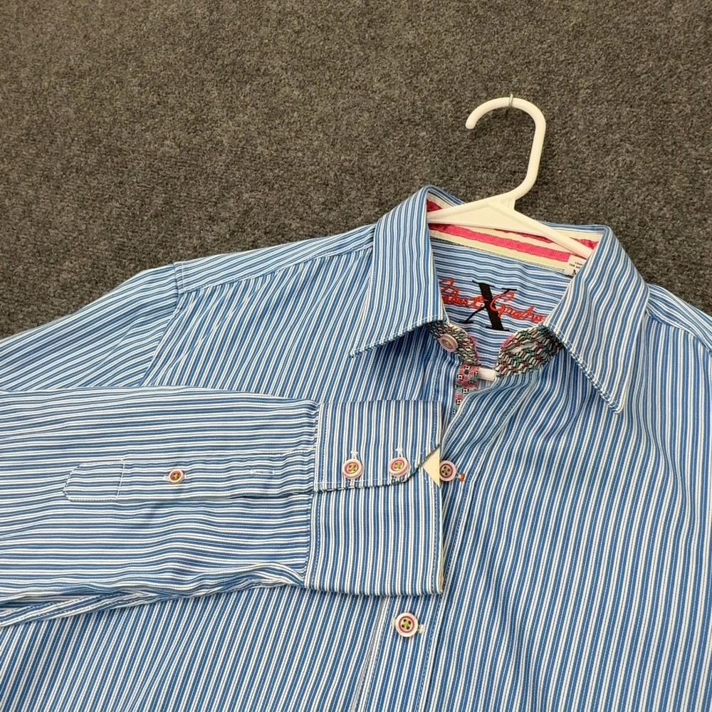 Robert Graham Shirt Mens M Blue Cotton Striped Tailored Fit Button Down Preppy